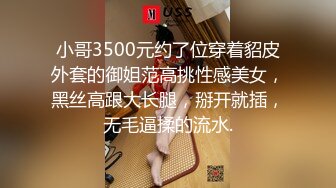 小哥3500元约了位穿着貂皮外套的御姐范高挑性感美女，黑丝高跟大长腿，掰开就插，无毛逼揉的流水.